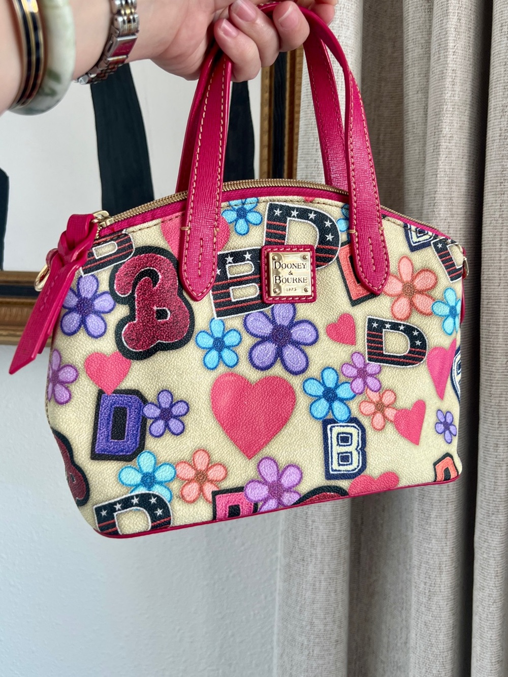 Dooney & Bourke Y2K Pop Art Doodle Heart Monogram Mini Satchel Bag Pink Trim